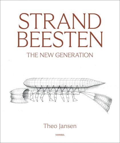 Diagram of fish shaped Strandbeesten, on white cover, STRANDBEESTEN, THE NEW GENERATION in brown font above