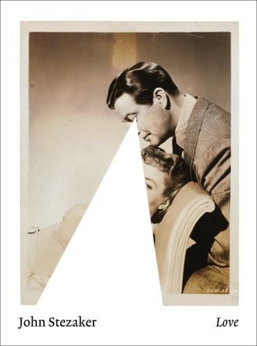 Sepia toned Hollywood photograph of couple, white triangle pasted from man's eyes, 'John Stezaker', 'Love', in black font on white bottom edge.