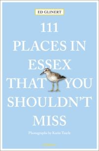 Sandpiper bird near centre of pale blue cover of '111 Places in Essex That You Shouldn't Miss', by Emons Verlag.