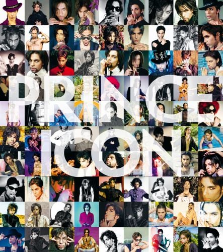 Montage of small portrait photography of American singer and musician Prince, on cover of 'Icon', by ACC Art Books.