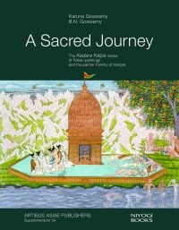 Book cover of A Sacred Journey: The Kedara Kalpa series of Pahari paintings and the painter Purkhu of Kangra, with a painting depicting ‘sadhakas’ paying homage to Siva in a golden temple. Published by Niyogi Books.