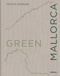 GREEN MALLORCA in lime and dark green font on beige linen cover, green coastal lines above and below