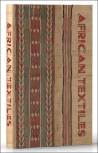 African textile pattern in blue and red, AFRICAN TEXTILES, down right edge, by Abbeville Press.