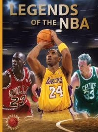 Michael Jordan, Kobe Bryant and Larry Bird superimposed in action on basketball court, on cover of 'Legends of the NBA', by Abbeville Press.