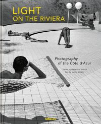 Figure sunbathing in hammock, 2 figures on white tiled floor, Light on the Riviera in yellow font to upper left.