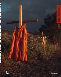 Orange and cream summer dresses hanging from 3 wooden crosses in ground, World Press Photo in stencilled font on orange banner, 2022 in orange font to right edge.
