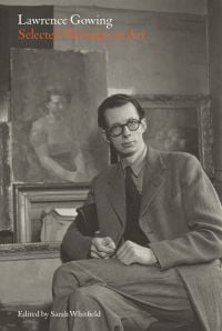 Lawrence Gowing sitting on chair, surrounded by paintings, 'Lawrence Gowing, Selected Writings on Art', in white and orange font above, by Ridinghouse.