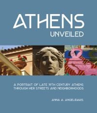 Pot of red flowers sitting on balustrade, Greek female stone head sculpture, mural, on blue cover, 'ATHENS UNVEILED', in white font above.