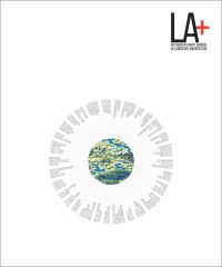 Aerial shot of landscape to small circle, on white cover of LA+, by ORO Editions.