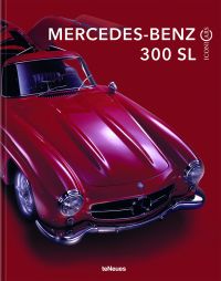 Front of red Mercedes-Benz 300 SL with open gullwing doors, ICONICARS MERCEDES-BENZ 300 SL, in white font above.