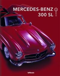 Book cover of IconiCars Mercedes-Benz 300 SL, featuring the front of red Mercedes-Benz 300 SL with open gullwing doors. Published by teNeues Books.