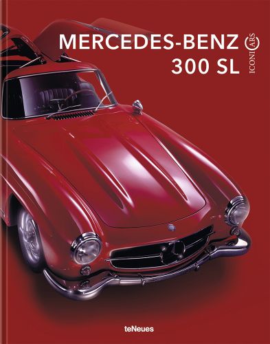 Front of red Mercedes-Benz 300 SL with open gullwing doors, ICONICARS MERCEDES-BENZ 300 SL, in white font above.