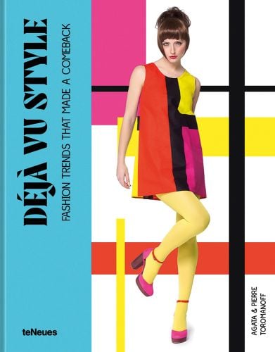 Fashion model in 60s shift dress, yellow tights and pink platform shoes, DÉJÀ VU STYLE, in black font on blue left banner.