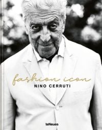 Nino Cerruti in white suit, smiling at camera, fashion icon NINO CERRUTI in gold, and black font to centre.
