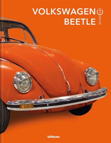 Front of orange Volkswagen Beetle, on orange cover, ICONICARS VOLKSWAGEN BEETLE, in white font above.