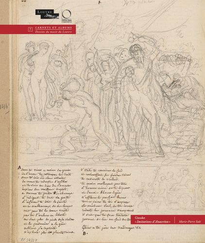 Pencil illustration from Odes of Anacreon, handwritten text in black below, on off white cover, Girodet. “Imitations d’Anacréon” in white font on red banner to bottom right.