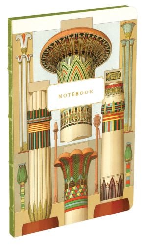 teNeues journal with 19th century Ancient Egyptian column illustration by Albert Racinet, NOTEBOOK in gold font on white banner above centre.