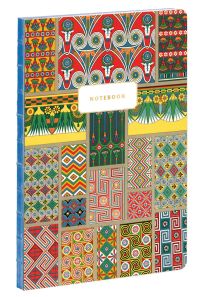 teNeues notebook with Albert Racinet's brightly coloured Ancient Egyptian pattern, NOTEBOOK in gold font, on white banner above centre.