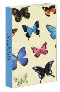 teNeues stationery pen set, sleek cigarette-case style box, collection of colourful butterflies to front of beige cover.