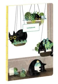 4 black cats sitting in separate hanging baskets of green foliage, on white cover, notebook, in green font on white banner above centre.