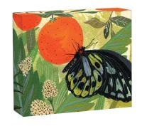 Watercolour of butterfly on orange fruit, hanging from tree, on keepsake box, by teNeues Stationery.