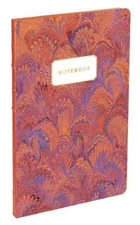Orange and purple marble printed pattern cover, NOTEBOOK in gold font on white banner above centre.