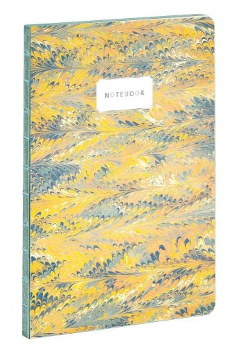 Orange and blue feathered pattern, NOTEBOOK, in silver font on white banner above centre.