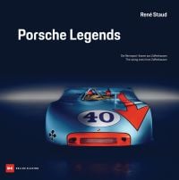Pale blue Porsche 908/3, number '40' to bonnet with orange arrow, on cover of 'Porsche Legends, The Racing Icons from Zuffenhausen', by Delius Klasing Verlag GmbH.