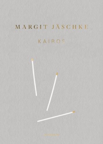 3 white matchsticks with gold heads, on grey cover of 'Margit Jäschke, Kairos', by Arnoldsche Art Publishers.