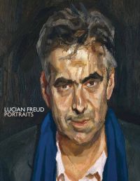 Painting, Man in a Blue Scarf, by Lucian Freud, LUCIAN FREUD PORTRAITS, in white font, to lower left of cover.