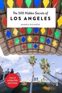 Book cover of The 500 Hidden Secrets of Los Angeles, with the Mariachi Plaza Gold Line Station with colored diamond glass. Published by Luster Publishing.