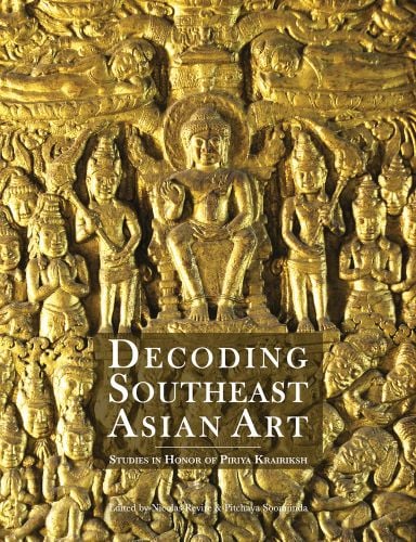 Southeast Asian gold relief, with Buddha to centre, 'DECODING SOUTHEAST ASIAN ART', in white font to brown transparent banner below.