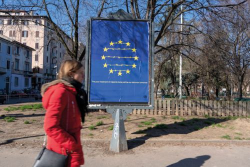 Landscape book cover of Tania Bruguera, Let Truth Be, Though the World Perish, with female citizen walking past EU flag in poster stand, with the yellow stars connected by barbed wire. Published by Silvana.