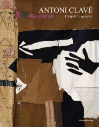 Book cover of Antoni Clavè: L’esprit du guerrier, with a textile collage sewn together, with black hand print on white cloth. Published by Silvana.