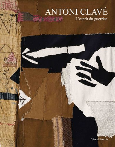 Textile collage sewn together, black hand print on white, ANTONI CLAVÈ L’esprit du guerrier in white font to upper right.