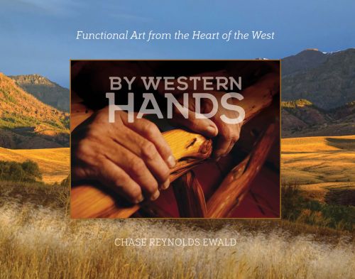 Pair of hands resting on natural wood fence, mountainous landscape behind, on cover of 'By Western Hands', by ORO Editions.
