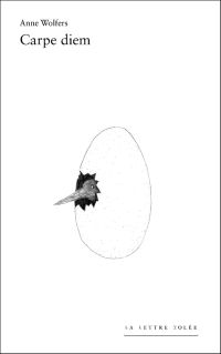 Book cover of Anne Wolfers: Carpe diem, featuring an illustration of long beaked bird peering out of cracked egg shell. Published by Exhibitions International.