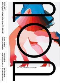 Book cover of Pop Art: From Warhol to Panamarenko, featuring a pop art painting, titled 'Neither forget your legs' by Allen Jones, with a pleated skirt with women's legs,. Published by Exhibitions International.