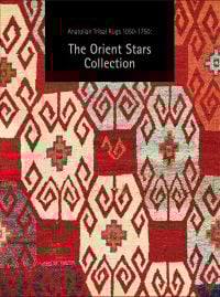 Book cover of Anatolian Tribal Rugs 1050-1750 The Orient Stars Collection, with an range and cream spiral patterned rug. Published by Hali Publications.