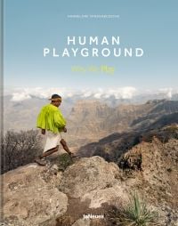 Mexican Tarahumara runner stepping over large mountain rocks, at high altitude, HUMAN PLAYGROUND, in white font above.