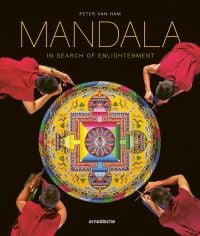 Four Tibetan monks surrounding a colourful Mandala art pattern, on black cover, of 'Mandala – In Search of Enlightenment, Sacred Geometry in the World’s Spiritual Arts', by Arnoldsche Art Publishers.