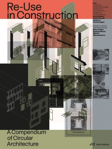 Architectural building diagrams and plans, Re-Use in Construction, in black font on orange banner to top edge.