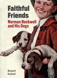 Boy with Puppies Lithograph by Norman Rockwell, 'Faithful Friends', in grey font to upper left.