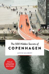 Cykelslangen, cyclists bridge over river, The 500 Hidden Secrets of COPENHAGEN in black font on bottom white banner.