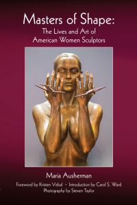 Gold sculpture of female figure holding hands out in front of face, eyes closed, Masters of Shape, in white font above.