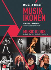 Montage of music icons: John Lennon, Elton John, Tina Turner, Bob Marley, on cover of 'Music Icons, From ABBA to The Who. Photographed by Michael Putland', by Delius Klasing Verlag GmbH.