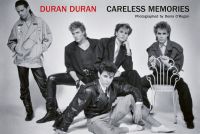 1980s promo studio shot of English new wave Duran Duran, DURAN DURAN CARELESS MEMORIES in red, and black font above.