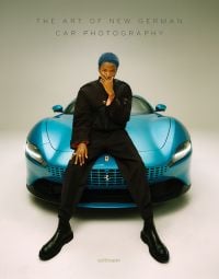 Book cover of The Art of New German Car Photography: autoalbum 06, with a male model sitting on the bonnet of a turquoise Ferrari. Published by Seltmann Publishers.