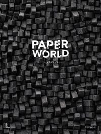 Book cover of Paperworld, featuring black cubes of recycled cardboard resembling small charcoal briquettes. Published by Lannoo Publishers.