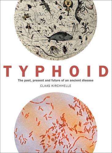 Circle with prehistoric creatures swimming around, petri dish with bacteria below, on white cover, TYPHOID in red font to centre.